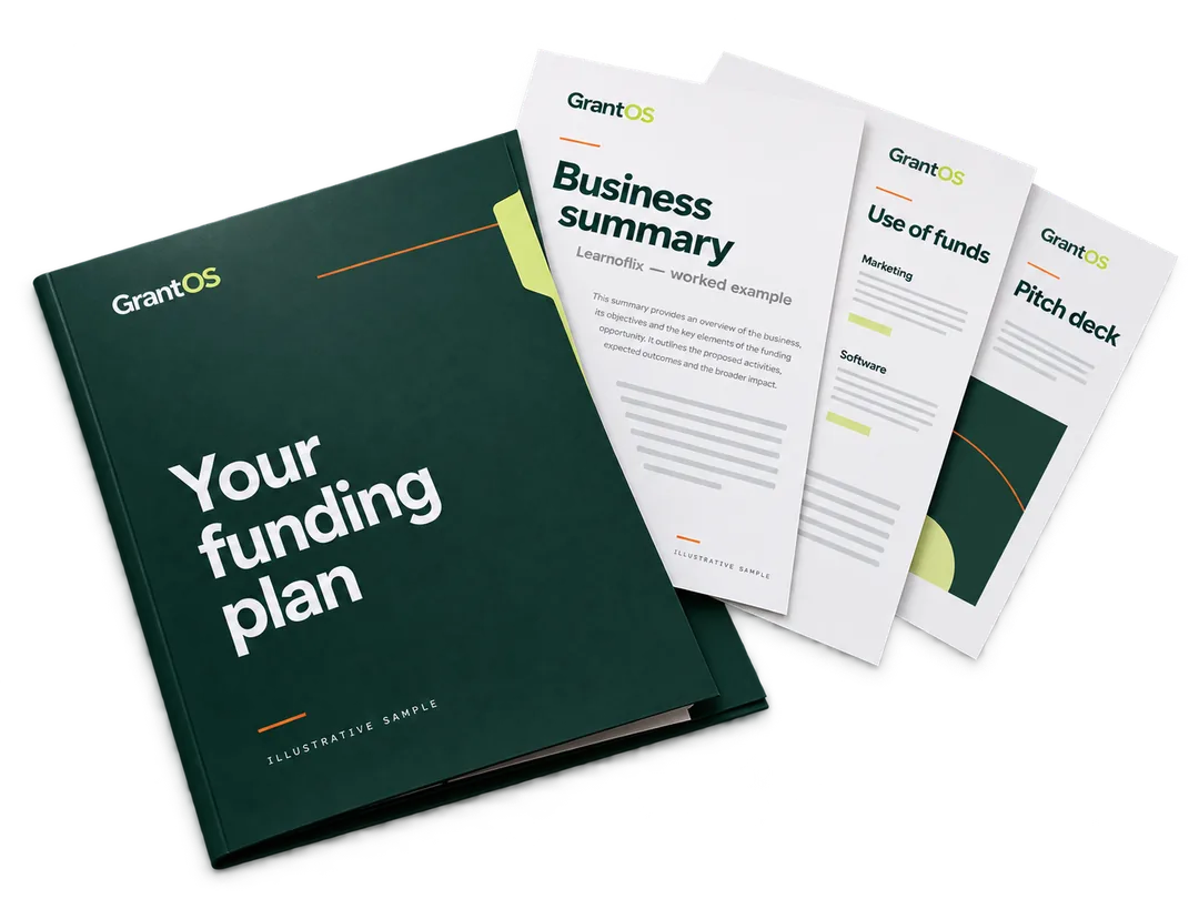 Illustrative GrantOS funding plan with Learnoflix business summary, use of funds and pitch deck sample documents