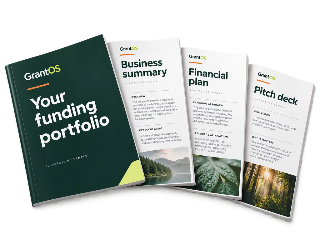 Illustrative GrantOS funding portfolio with business summary, financial plan and pitch deck sample documents